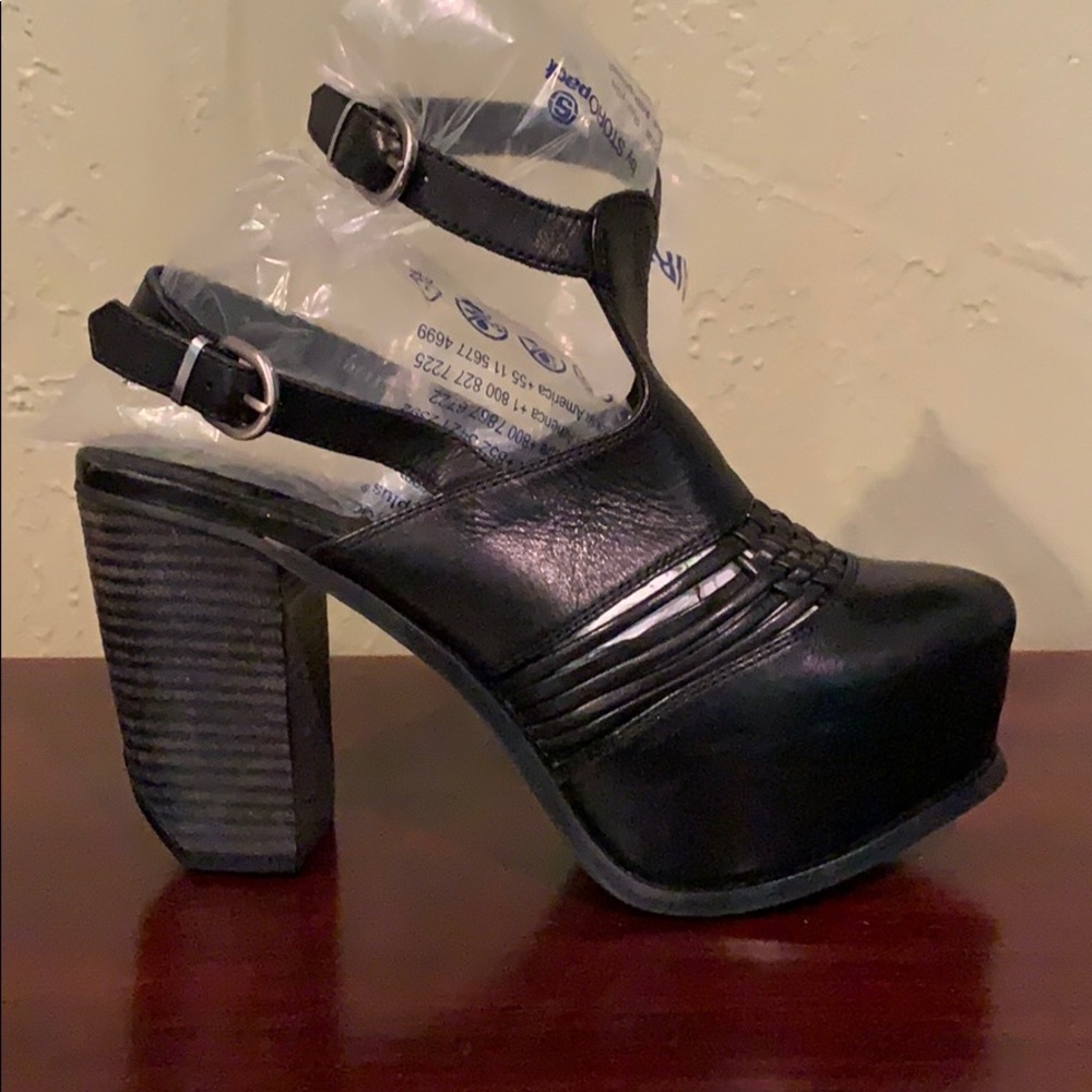 Black leather platform clog style heels